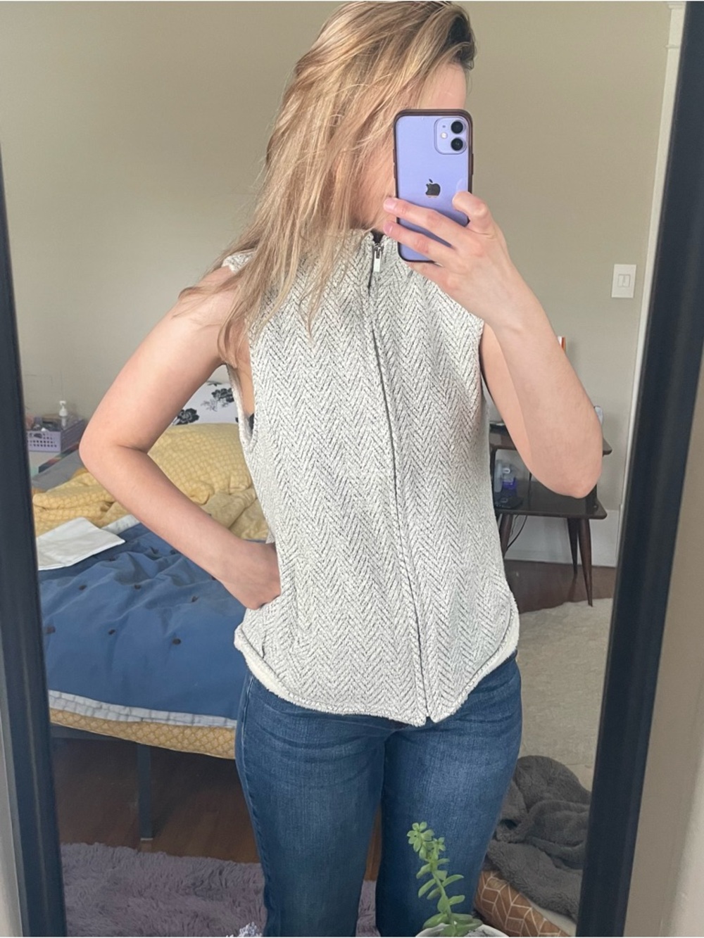 Altar'd State Gray and Cream Herringbone Fleece Zip Jacket vest
